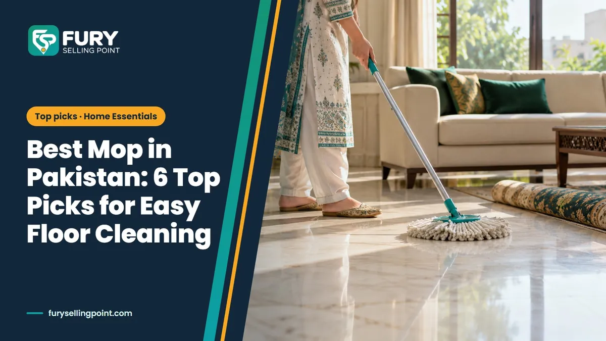 Woman mopping a tiled floor with the best mop in Pakistan, teal and emerald green accents in a bright home