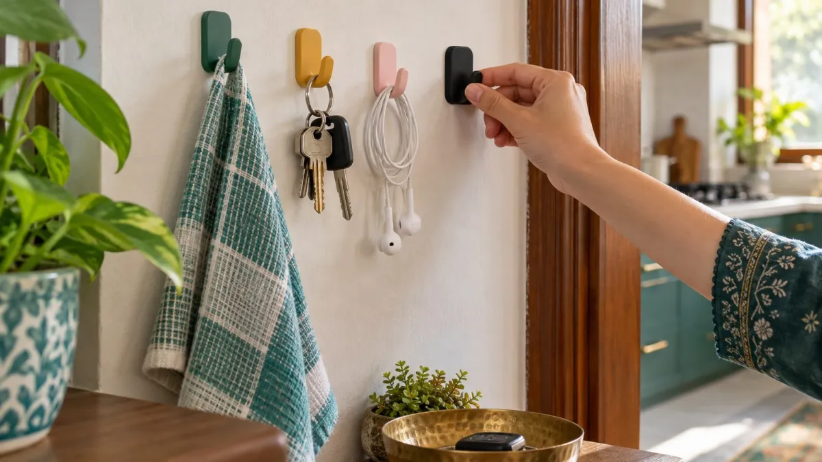 Hand fixing a wall hook next to other hooks holding keys and a towel, using wall space in a small house