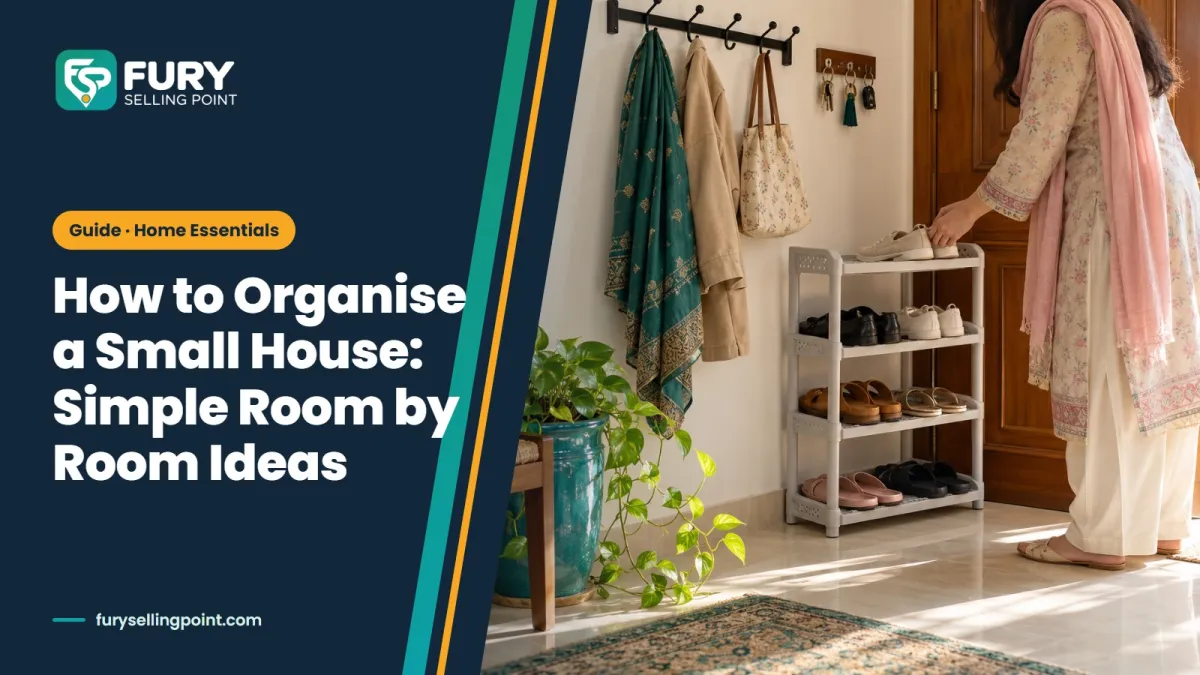 Tidy small house entrance with a shoe rack and wall hooks, showing how to organise a small house