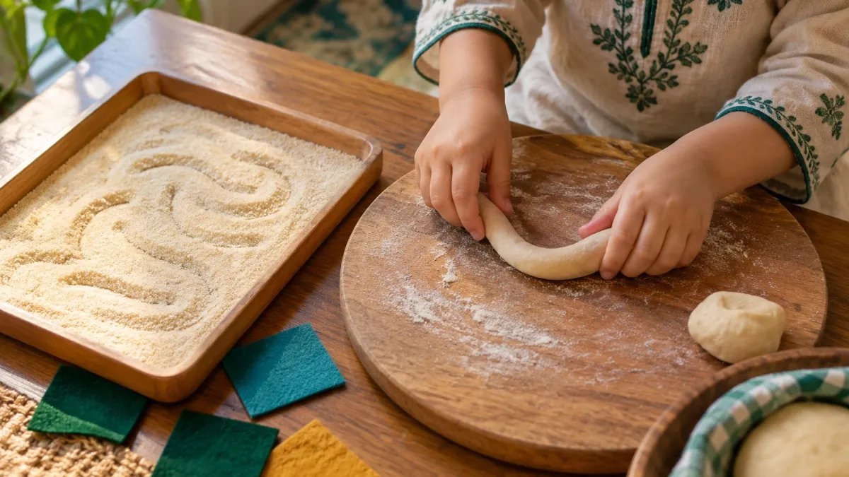 Child's hands shaping atta dough and drawing in sooji to build hand control before writing