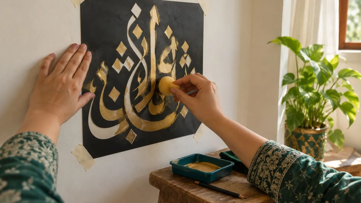 Hands painting a calligraphy design on a cream wall through a reusable stencil sheet with gold paint