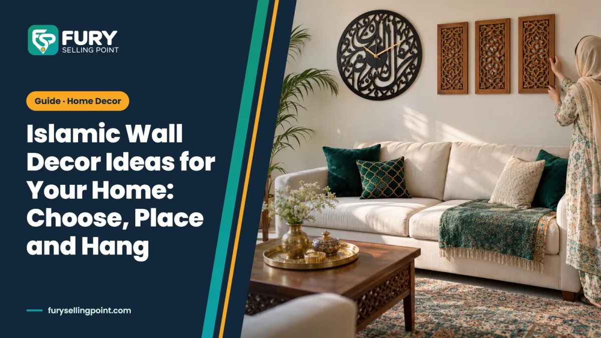 Islamic wall decor ideas: calligraphy wall clock and wall art above a sofa in a Pakistani drawing room