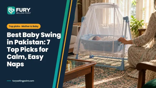 Best baby swing in Pakistan: a blue swing cot with mosquito net in a sunlit Pakistani living room