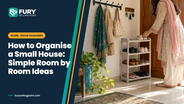 Tidy small house entrance with a shoe rack and wall hooks, showing how to organise a small house