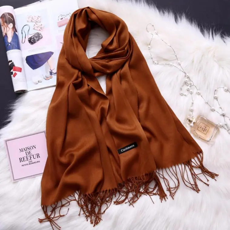 Women's Cashmere Wool Shawl Brown Fringe Winter Warm