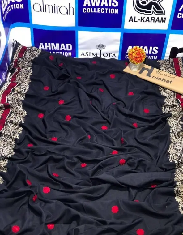 Swiss Lawn Shawl Red Floral Embroidery Black Base