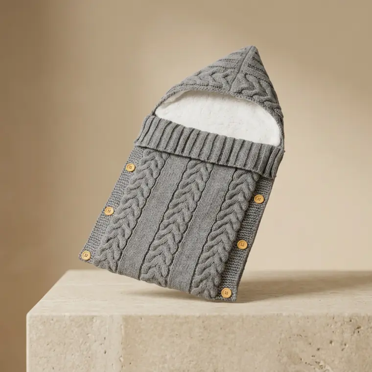 Cable Knitted Baby Swaddle Blanket Grey Hooded