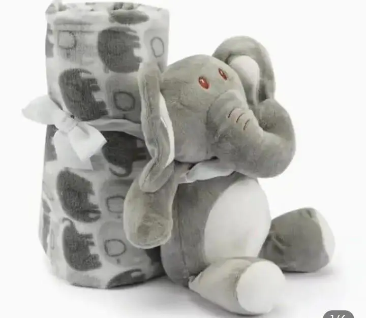 Baby Blanket & Elephant Toy Set Grey Fleece 36x36