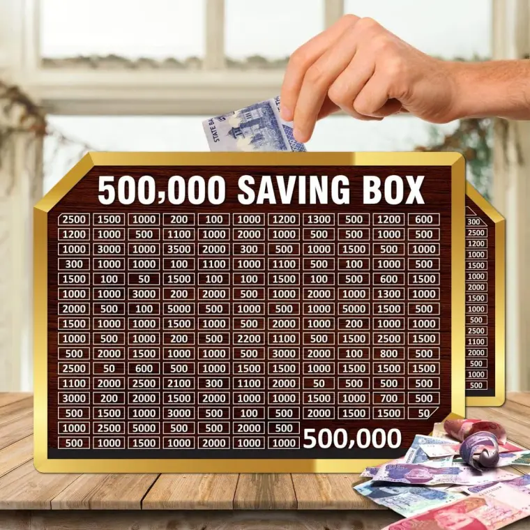 500, 000 PKR Savings Box Wooden Golden Acrylic