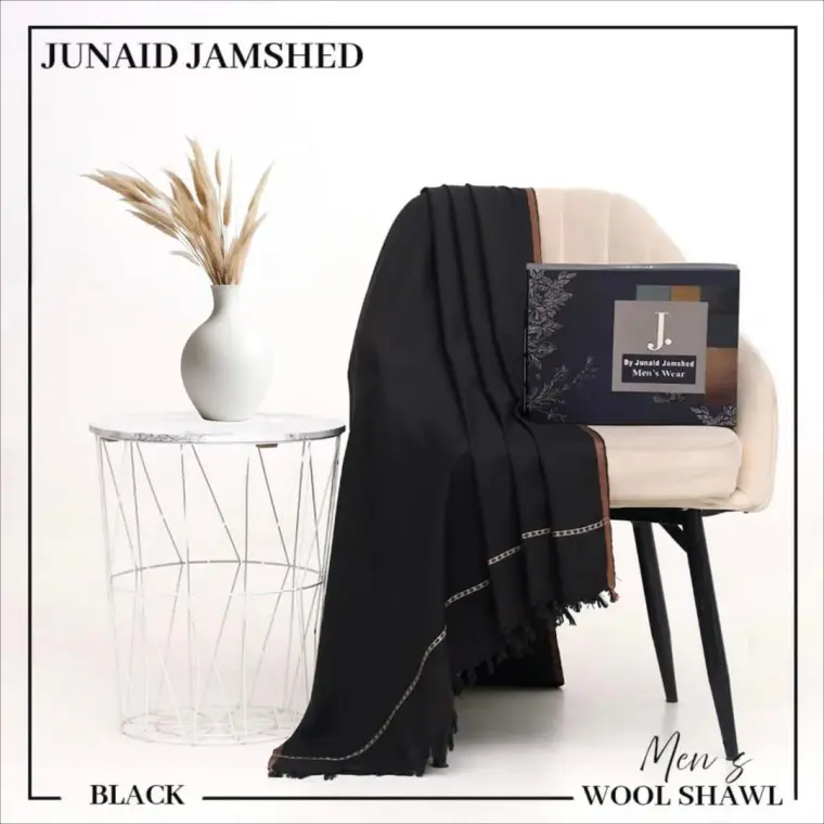 Men's Black Wool Shawl with Fringes