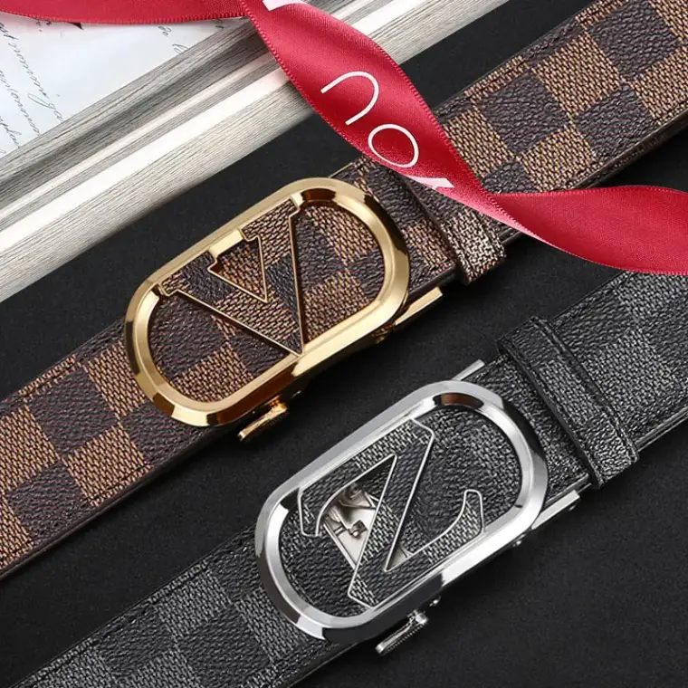 Men Leather Check Belt Automatic Buckle Gold Silver