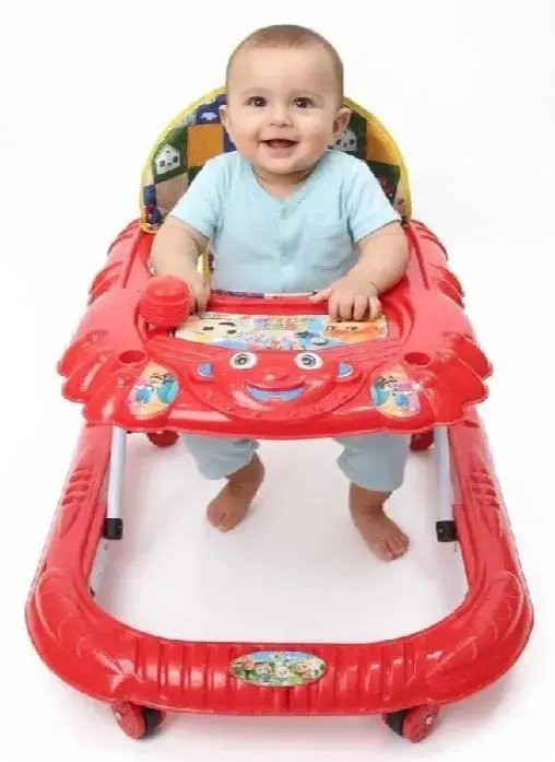 6-Wheel Baby Walker Red Iron Frame 5-Step Height Adjustable