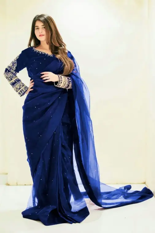Blue Chiffon Saree Set with Pearls for Eid & Weddings
