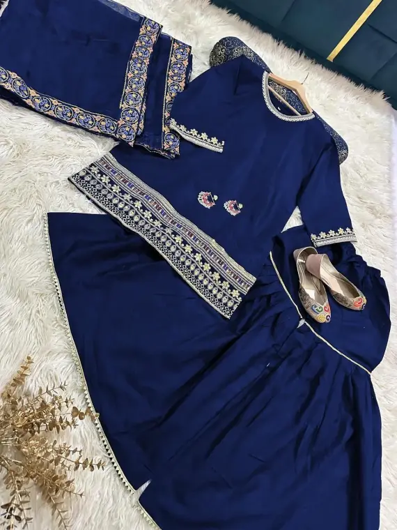 Blue Shamoz Silk 3-Piece Wedding Party Set with Gharara & Dupatta