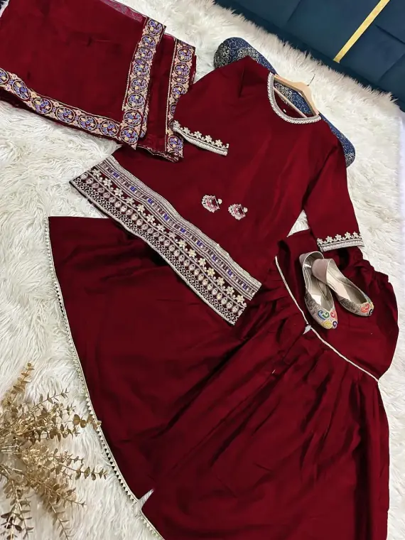 Maroon Embroidered Shamoz Silk 3Pcs Gharara Set