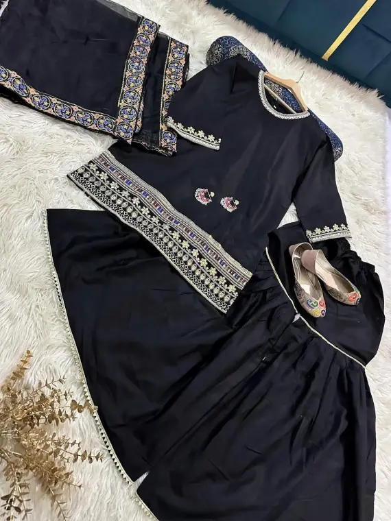 3 Pcs Women Embroidered Shamoz Silk Gharara Set Black