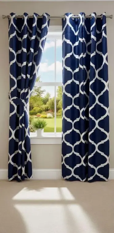 Blue Geometric Cotton Curtains 100" Living Room