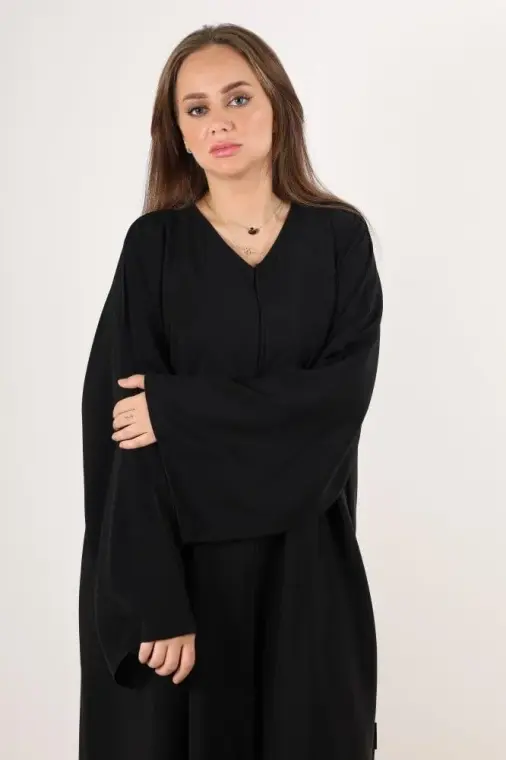 Black V-Neck Abaya for Women 57" Length Nida Fabric