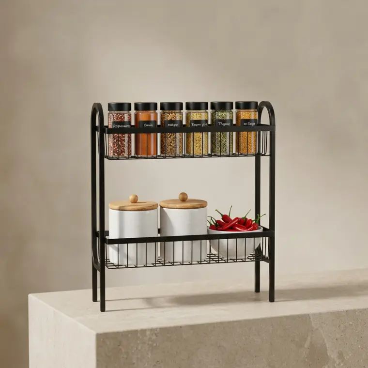 2-Tier Wall Mounted Spice Rack Stainless Steel Black