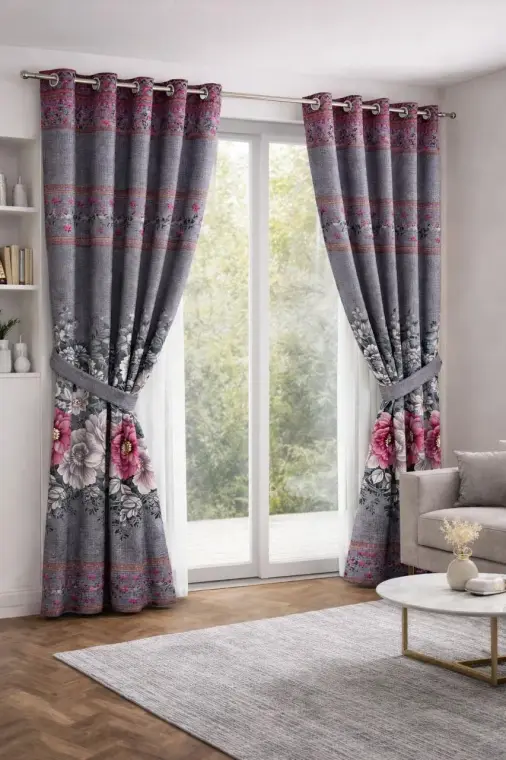Floral Curtain Set for Living Room with Heavy Drape
