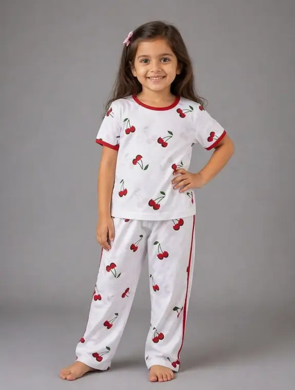 Girls Cotton Rose Print Pajama Set White Red