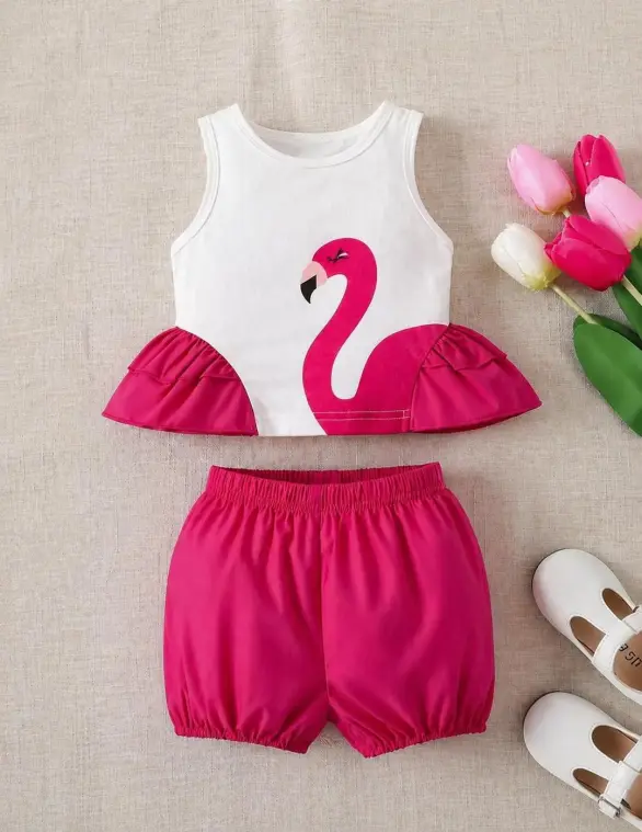 Kids Pink Flamingo Tank Top & Shorts Set