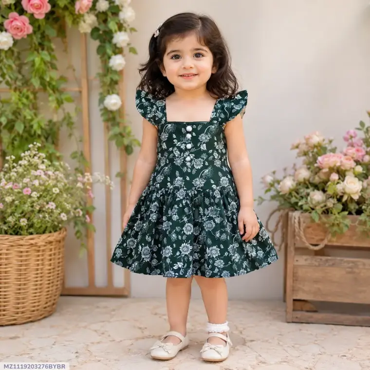2 Pcs Girl's Cotton Lawn Printed Frock And Trouser Set