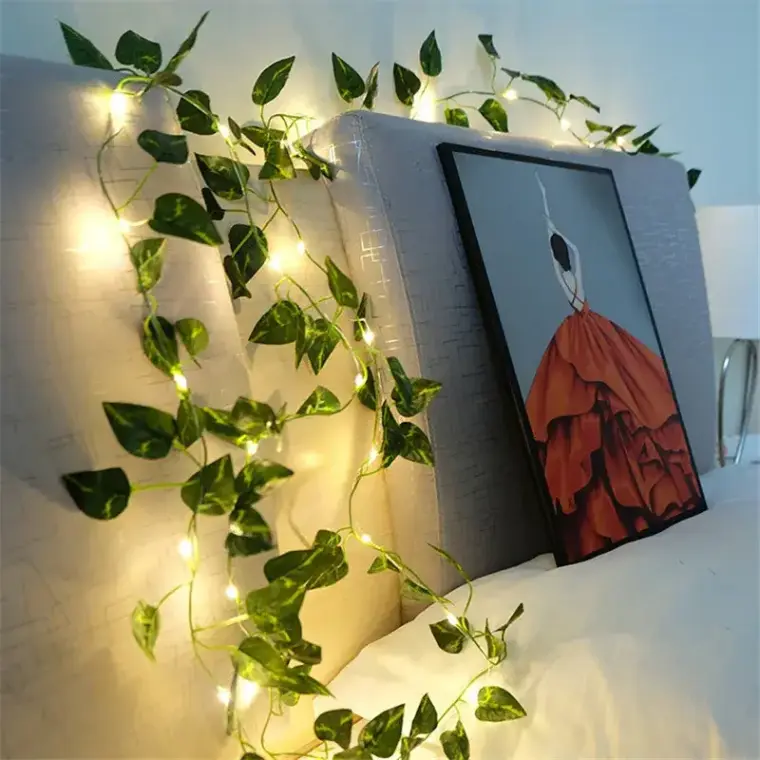 Artificial Plant Leaves bail with 10 ft LED Fairy Lights Battery Operated and 7 ft Bail Leaf Lights