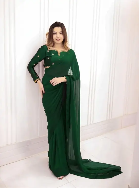Ready to Wear Chiffon Saree with Embroidered Silk Blouse & Silk Petticoat – 7 Yards Stitched Party Wear Saree for Women
