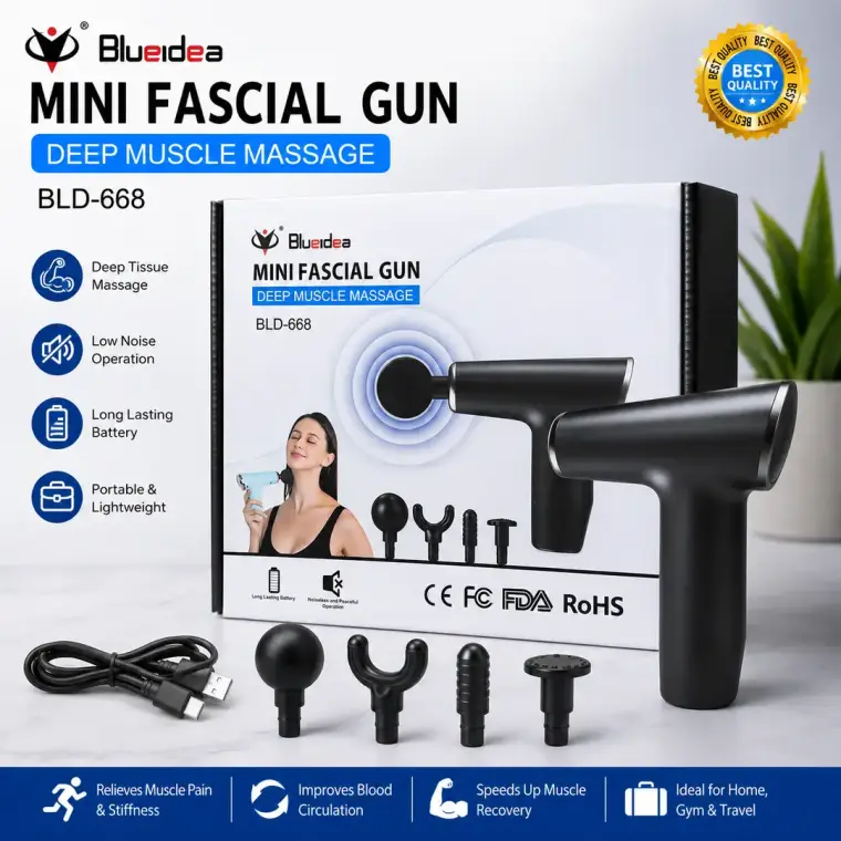 Blueidea Mini Facial Gun Deep Muscle Massage Gun BLD-668 | Portable Rechargeable Muscle Massager with 4 Massage Heads