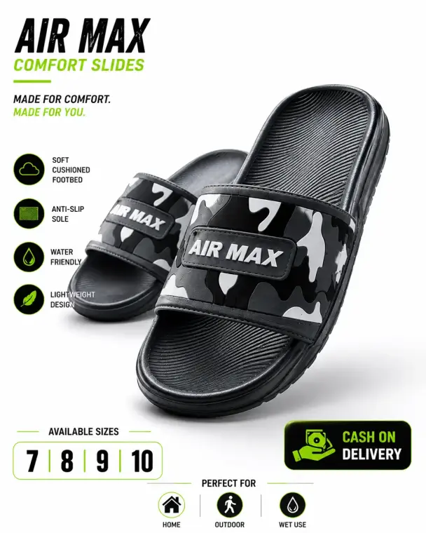 Air Max Camo Slides for Men – Lightweight Comfort Slippers with Anti-Slip Sole (Black)