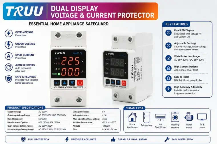 Adjustable Voltage & Current Protector 63A– Digital Display