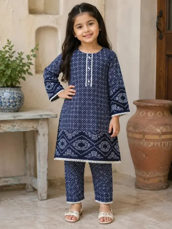 2 Pcs Girl's Stitched Linen Printed Kurta