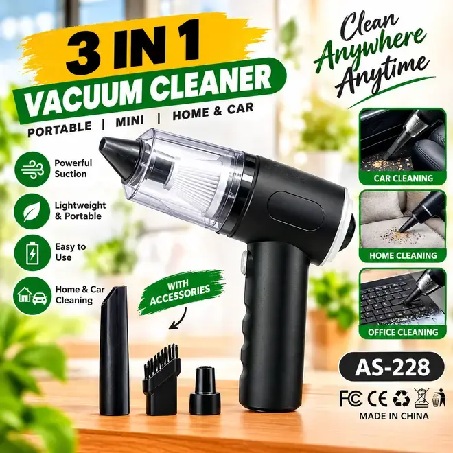 3-in-1 Portable Mini Vacuum Cleaner AS-228 | Handheld Vacuum for Car, Home & Office
