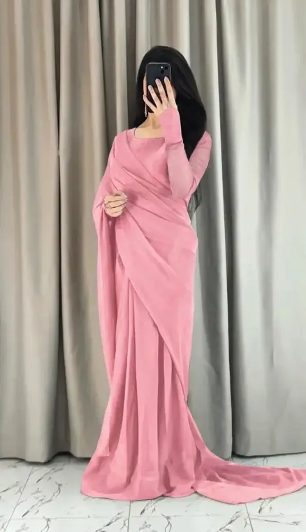 2 Pcs Women’s Chiffon Plain Stitched Saree
