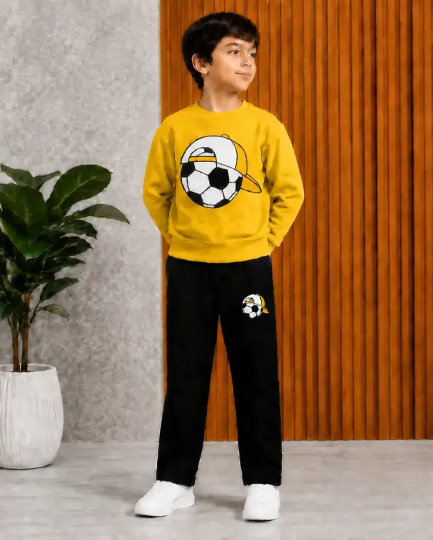 2 Pcs Yellow Foot Ball Boy's Cotton Fleece Printed Tracksuit