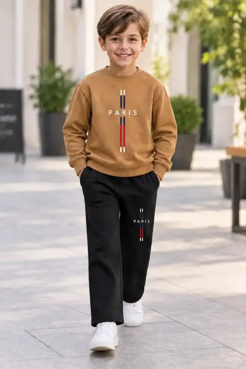 2 Pcs Boy's Premium Camel & Black PARIS Tracksuit Set