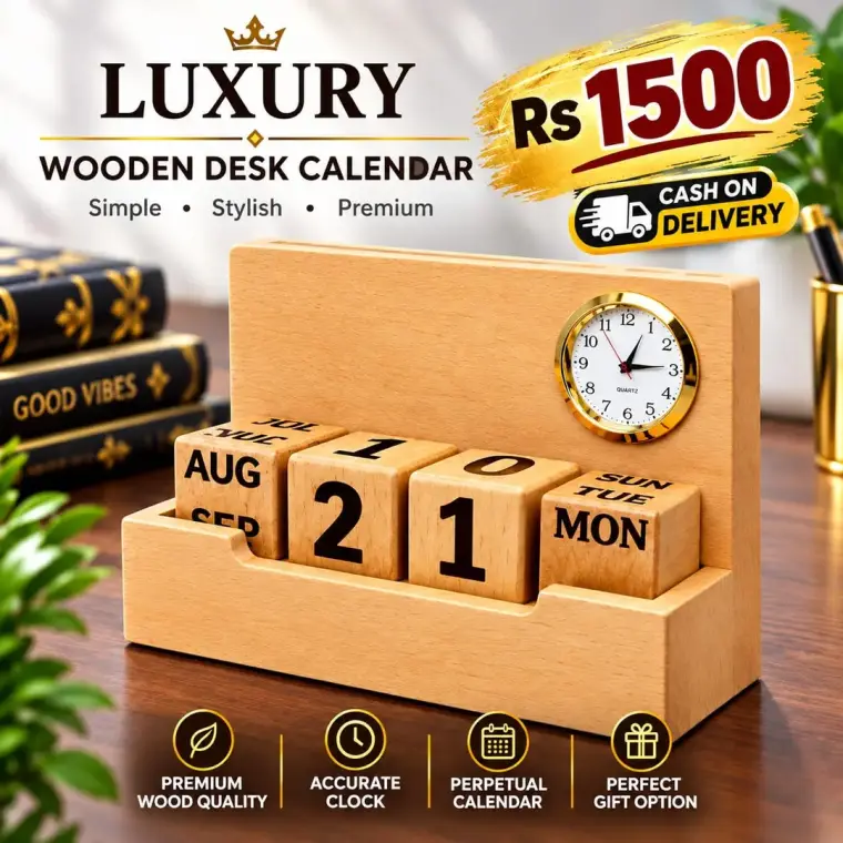 Luxury Wooden Desk Calendar with Clock