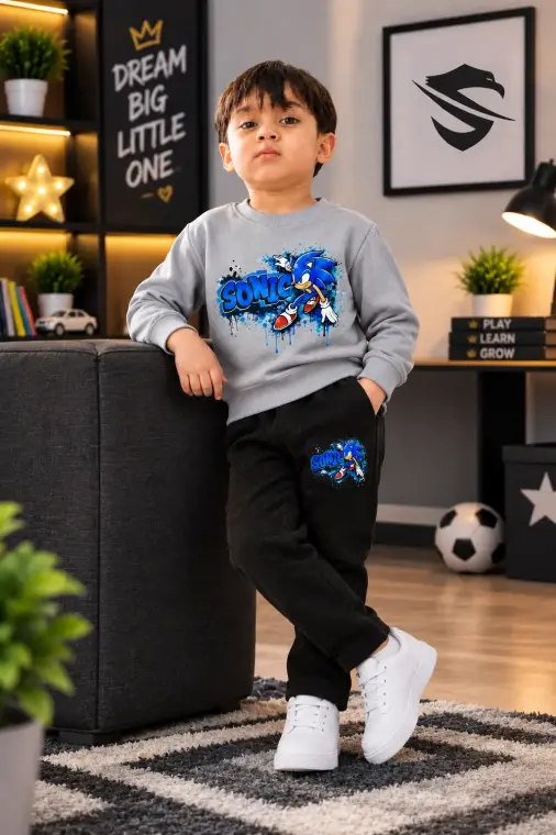 Sonic grey 2 Pcs Boy's Fleece Printed Tracksuit