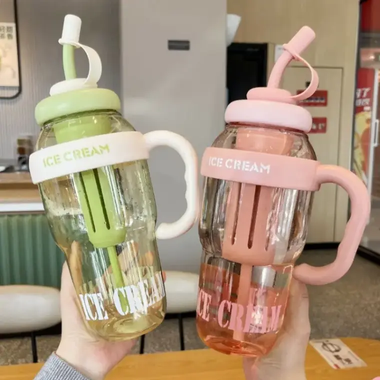 Cute Ice Cream Cone Design Water Bottle with Straw and Strap