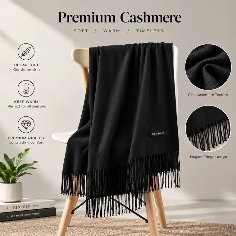 Women's Cashmere Wool Plain Shawl - Black