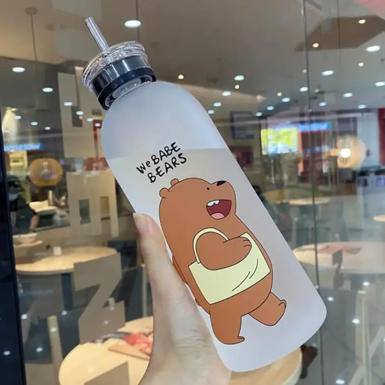 Cute We Bare Bears Frosted Water Bottle with Straw