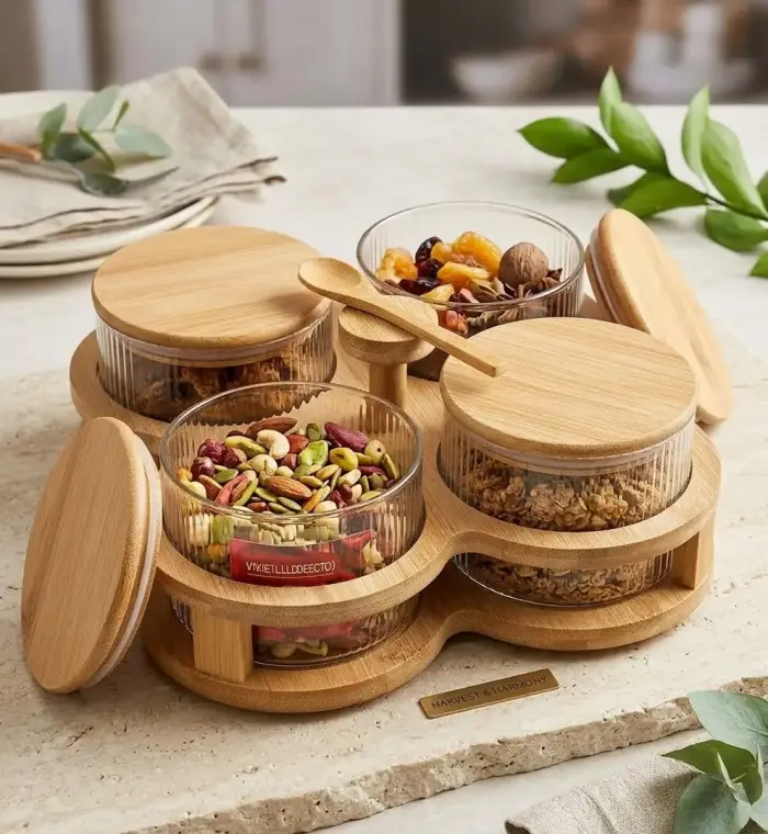 Acrylic Wooden Dry Fruit Jar Set 5 Pcs with Stand