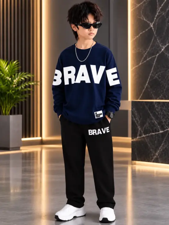 BRAVE 2 Pcs Boy's Fleece Printed Tracksuit