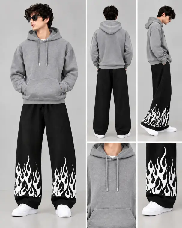 Grey Hoodie & Black Flame Print Wide-Leg Trouser Set