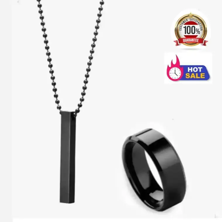 Black Titanium Vertical Bar Ring Pendant Set 2 Pic