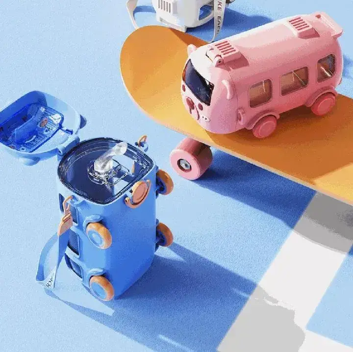 Cute Bus Shape Water Bottle with Straw & Carry Strap