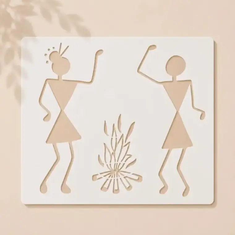 Casvena Warli Couple Near Bonfire Reusable Stencil for Wall