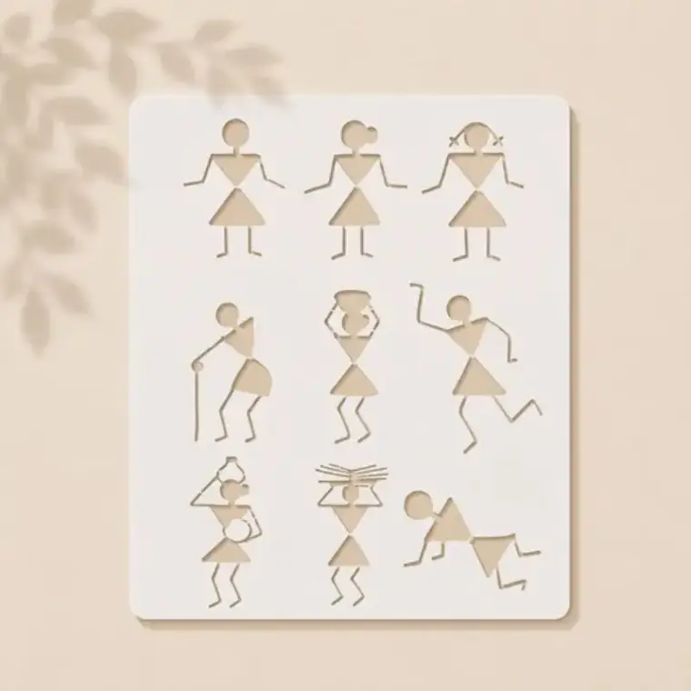 Casvena Warli Couple Bonfire Tribal Art Reusable Stencil