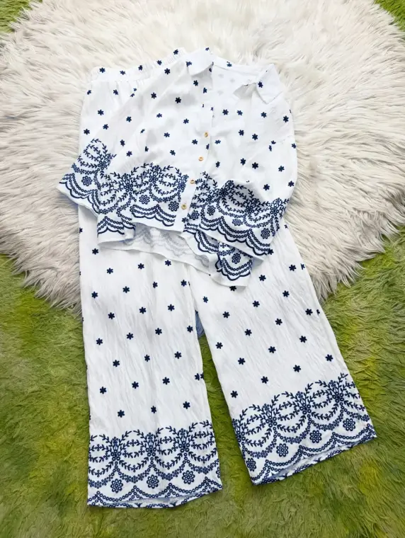 2 Pcs Women's Stitched Cotton Embroidered Shirt And Trouser